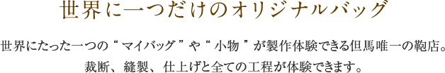 世界に一つだけのオリジナルバッグ　世界にたった一つの“マイバッグ”や“小物”が製作体験できる但馬唯一の鞄店。裁断、縫製、仕上げと全ての工芸が体験できます。